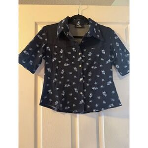 Malibu Floral Western Snap Button Down Shirt Navy Blue Short Sleeve Size L